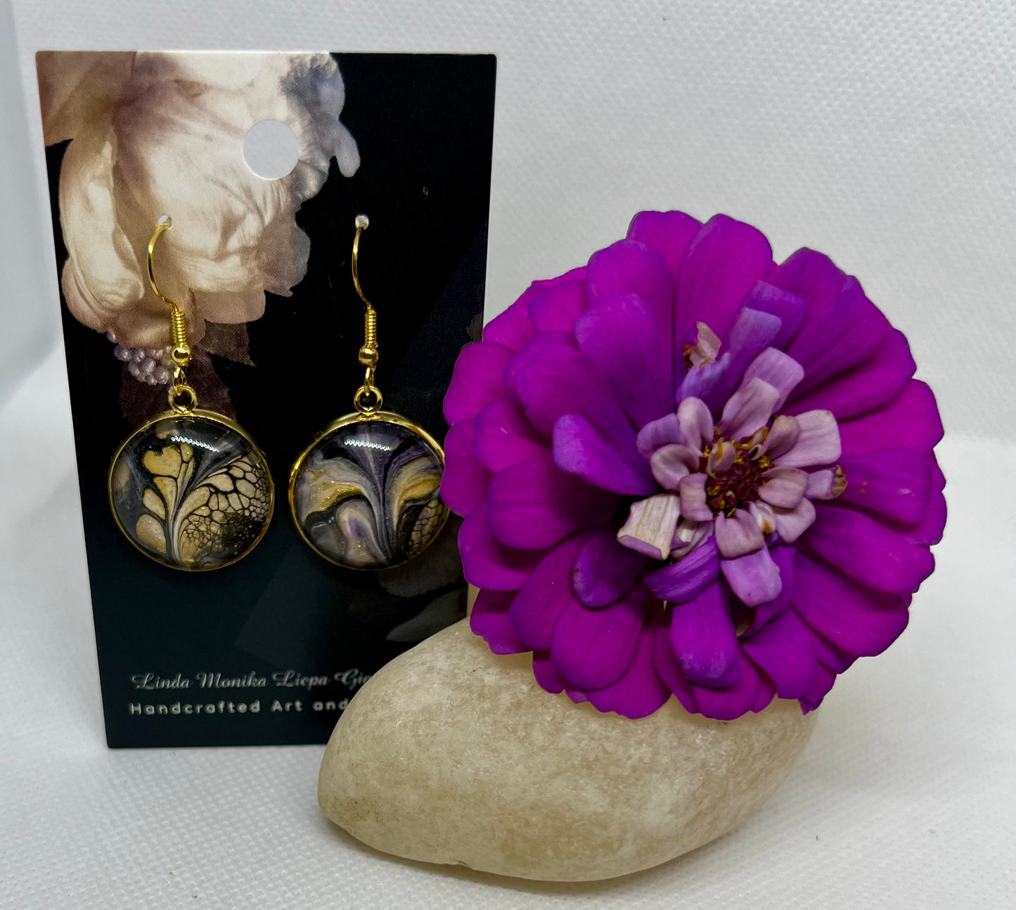 E25-046 Purple Gold Flow Acrylic Pour in gold setting with glass cabochon