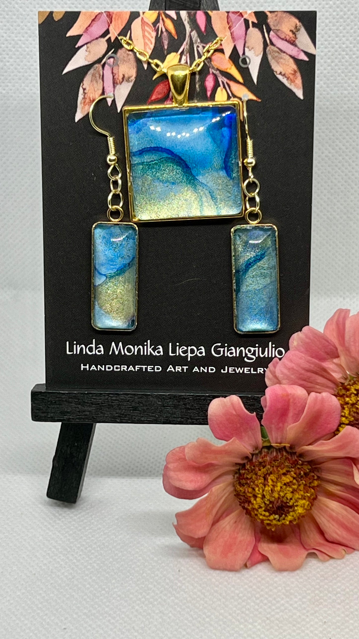 E25-050 Blue and Gold Set II - Alcohol Ink in gold square and rectangle setting with glass cabochon