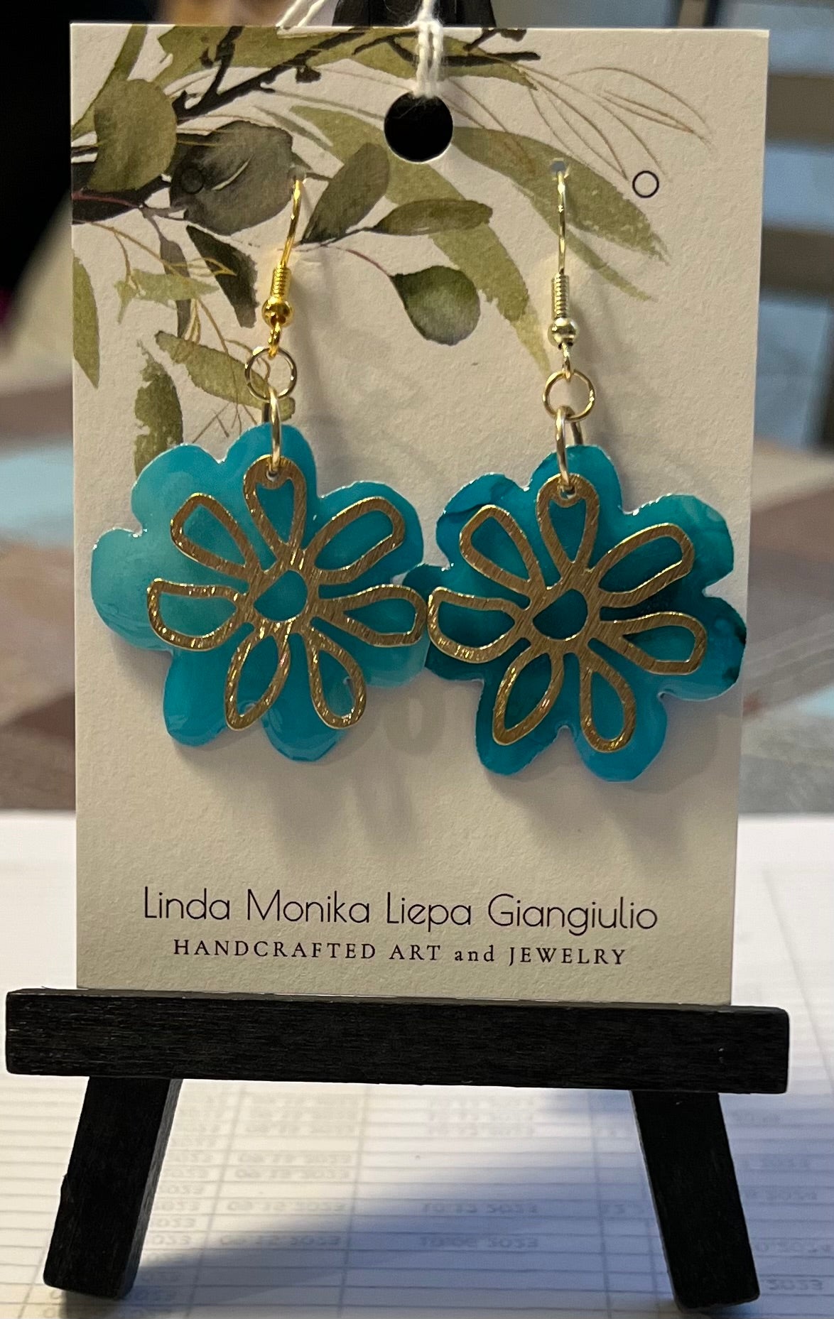 E24-032 Teal Blue Flower with Gold Overlay #2