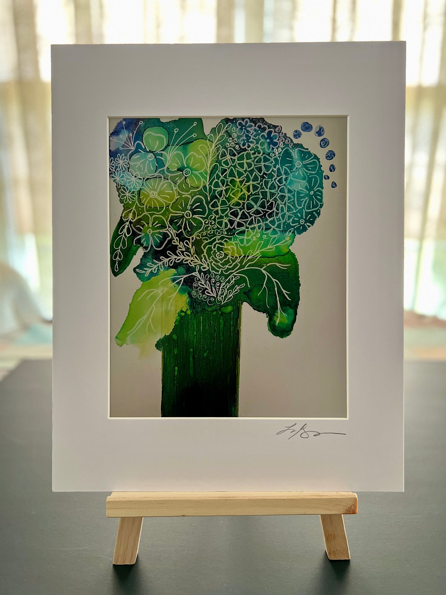 P-006A - Blue Abstract Flowers in Green Vase