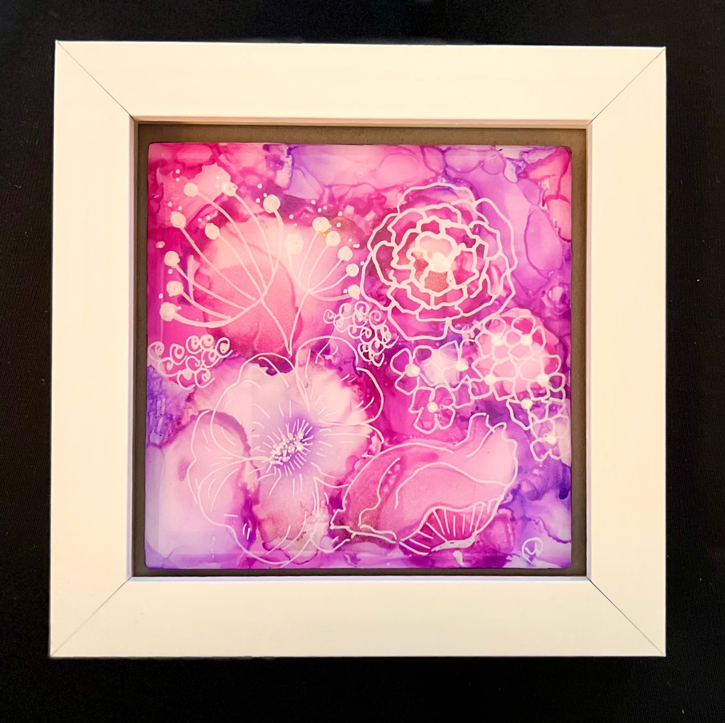 T27 - Purple Floral Alcohol Ink in White Frame