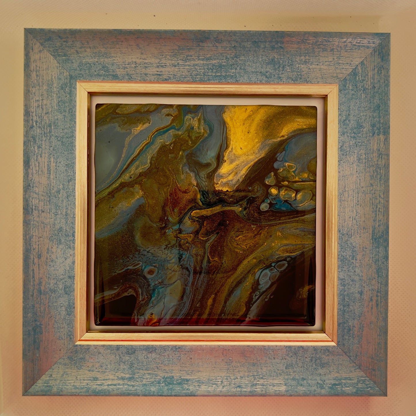 T13 - Blue/Gold acrylic pour in blue frame