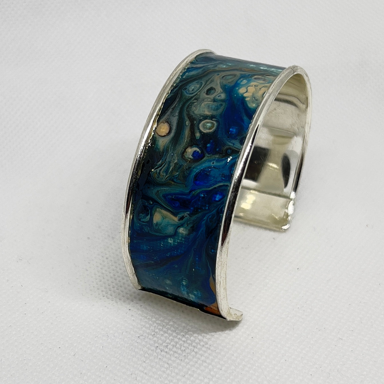 B24-006  Blue Marbled on Silver Bracelet #2