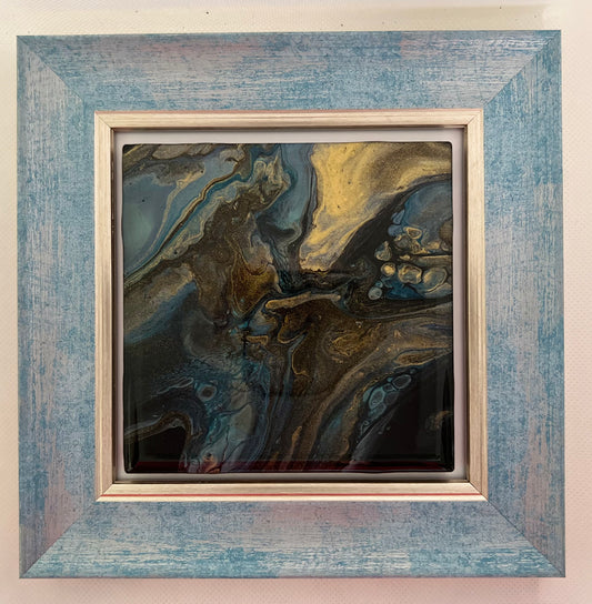 T13 - Blue/Gold acrylic pour in blue frame