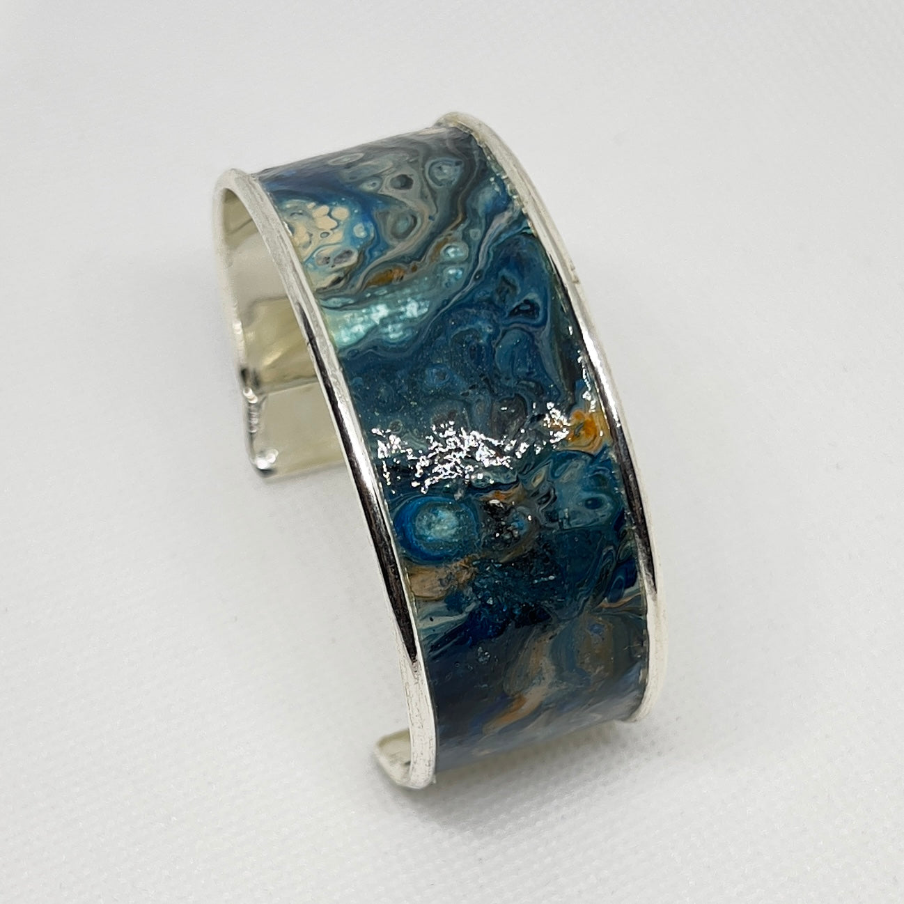 B24-006  Blue Marbled on Silver Bracelet #2