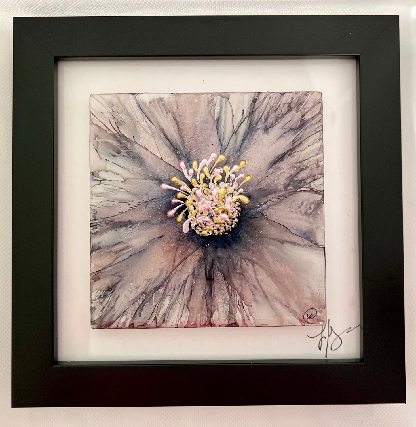 T8 - Pink/Silver/Black Flower in Black frame