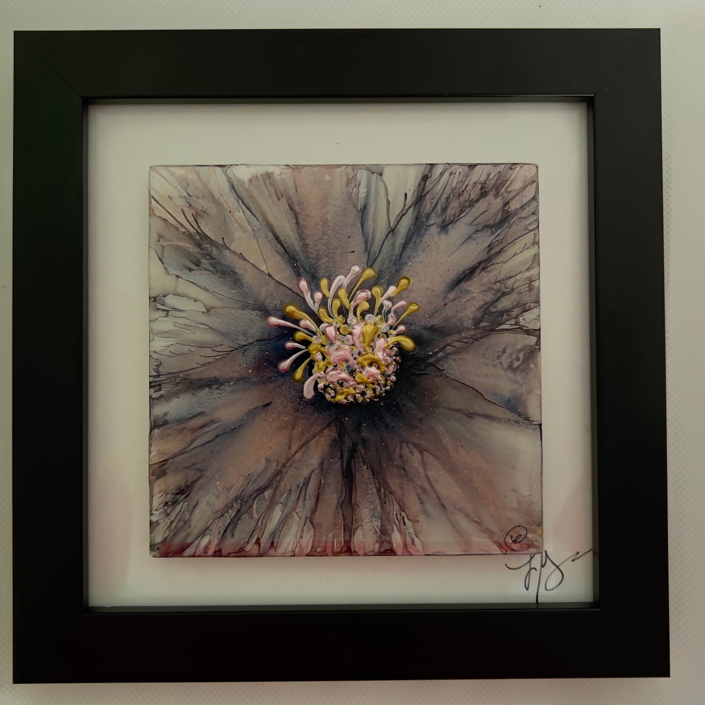 T8 - Pink/Silver/Black Flower in Black frame