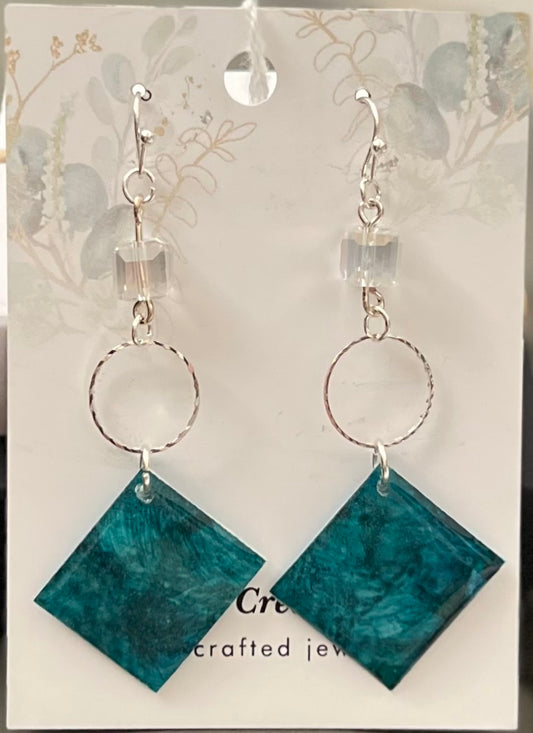 E26-031 Teal Square with Circle and Crystal Bead