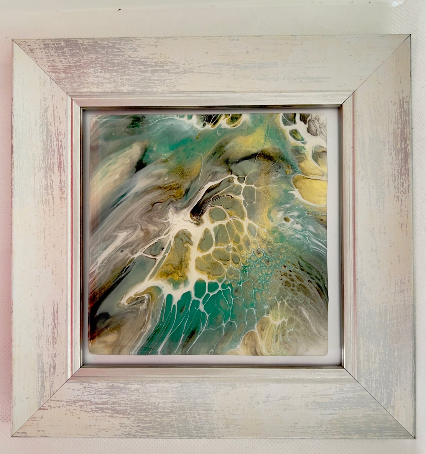 T12 - Teal  snakeskin effect acrylic pour in silver frame