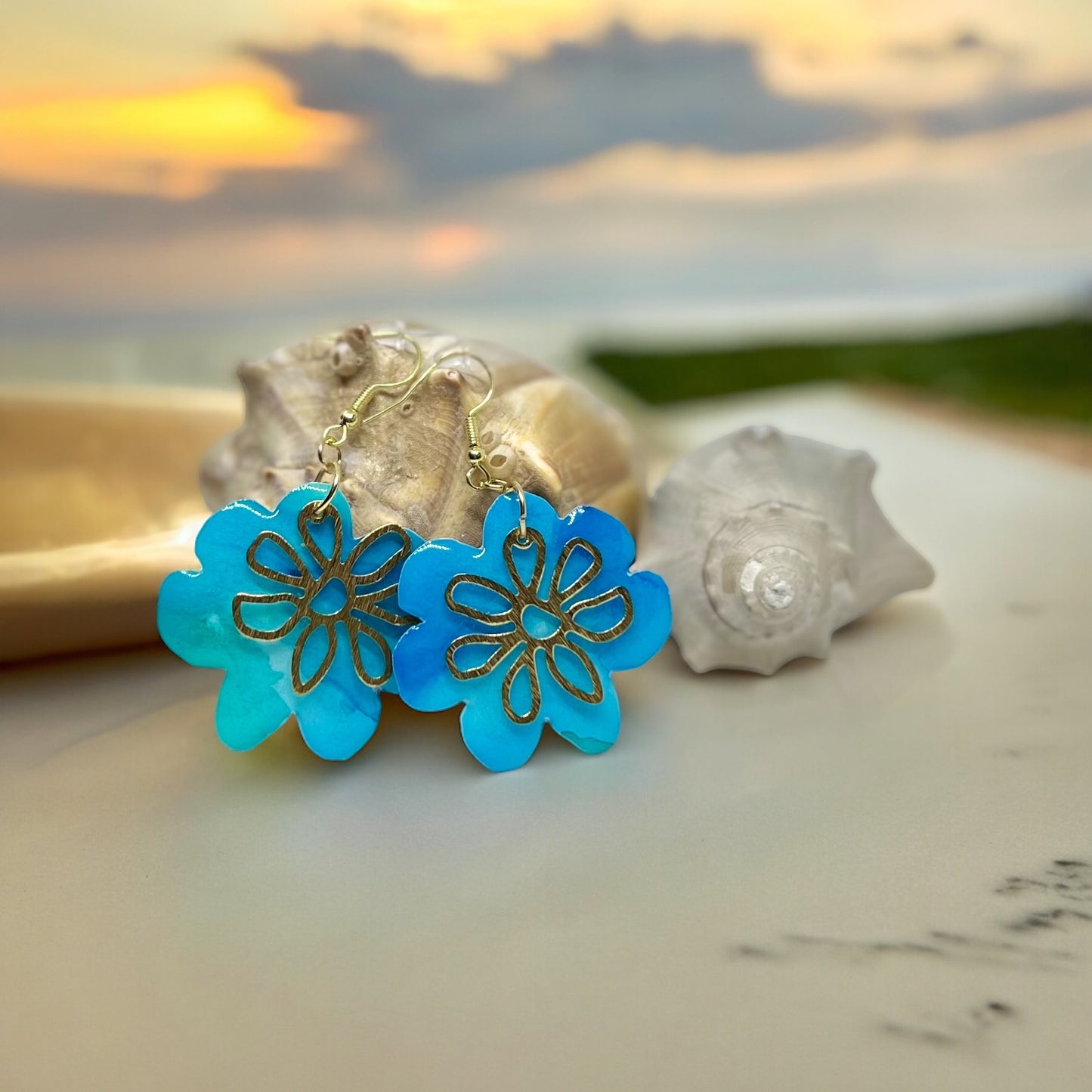 E24-043  Blue and Teal Flower with Gold Overlay