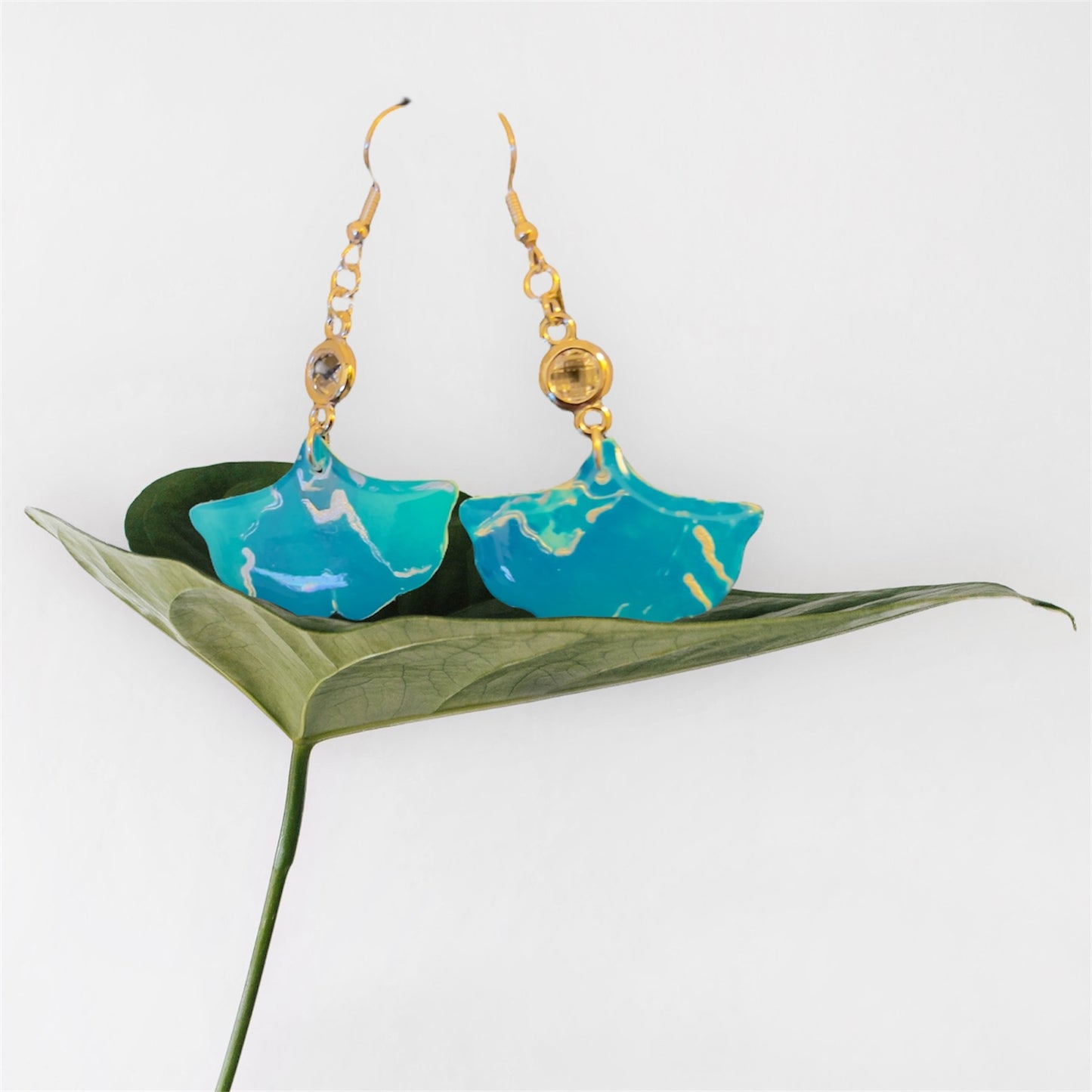 E25-003 Blue and Silver Ginkgo Leaf with crystal charm