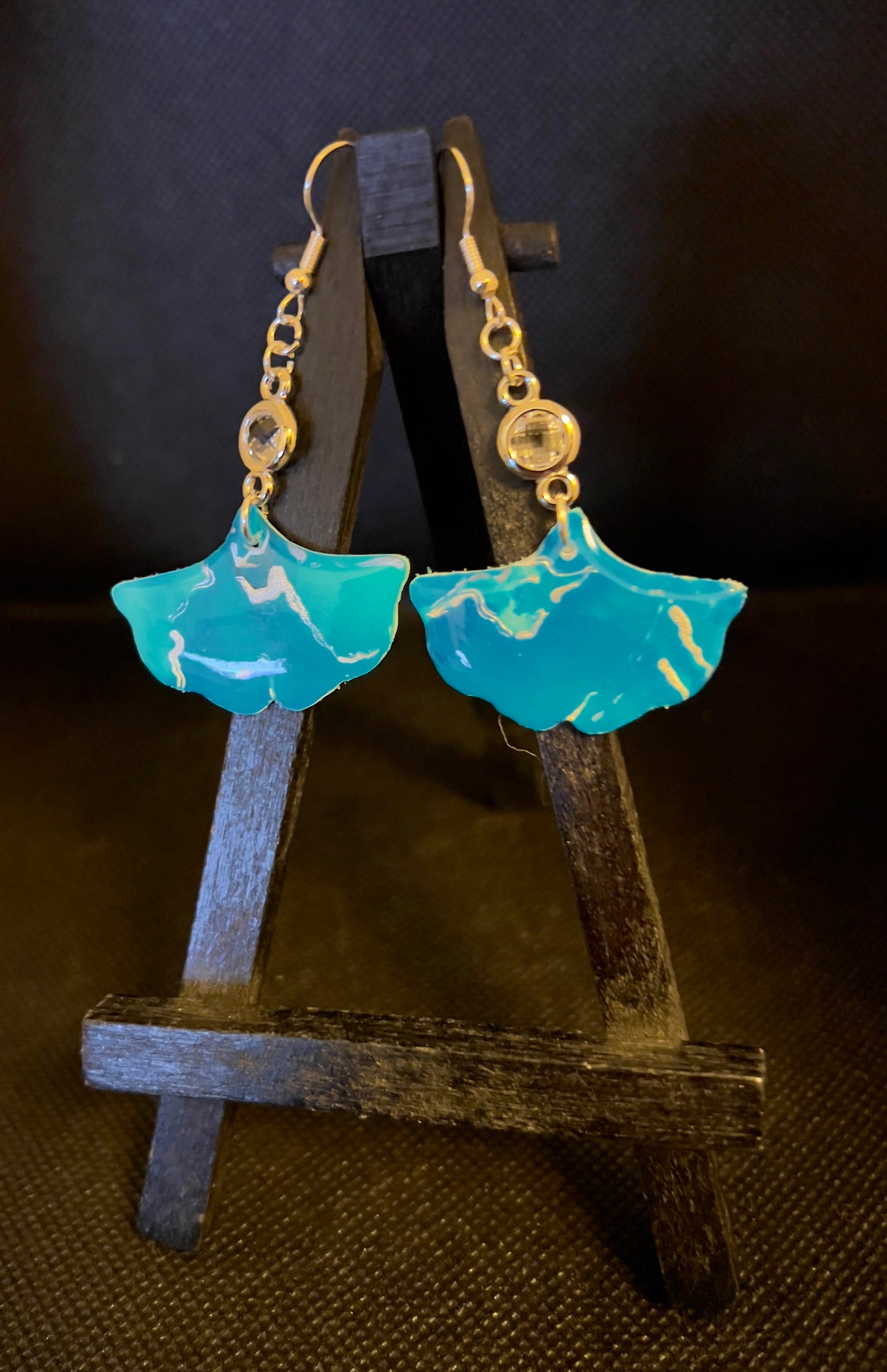 E25-003 Blue and Silver Ginkgo Leaf with crystal charm