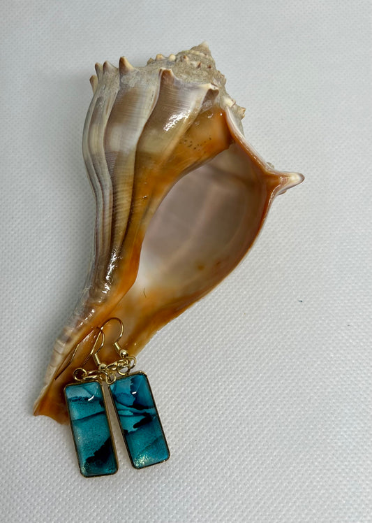 E25-040 Alcohol Ink Blue and Gold in Rectangle with glass cabochon