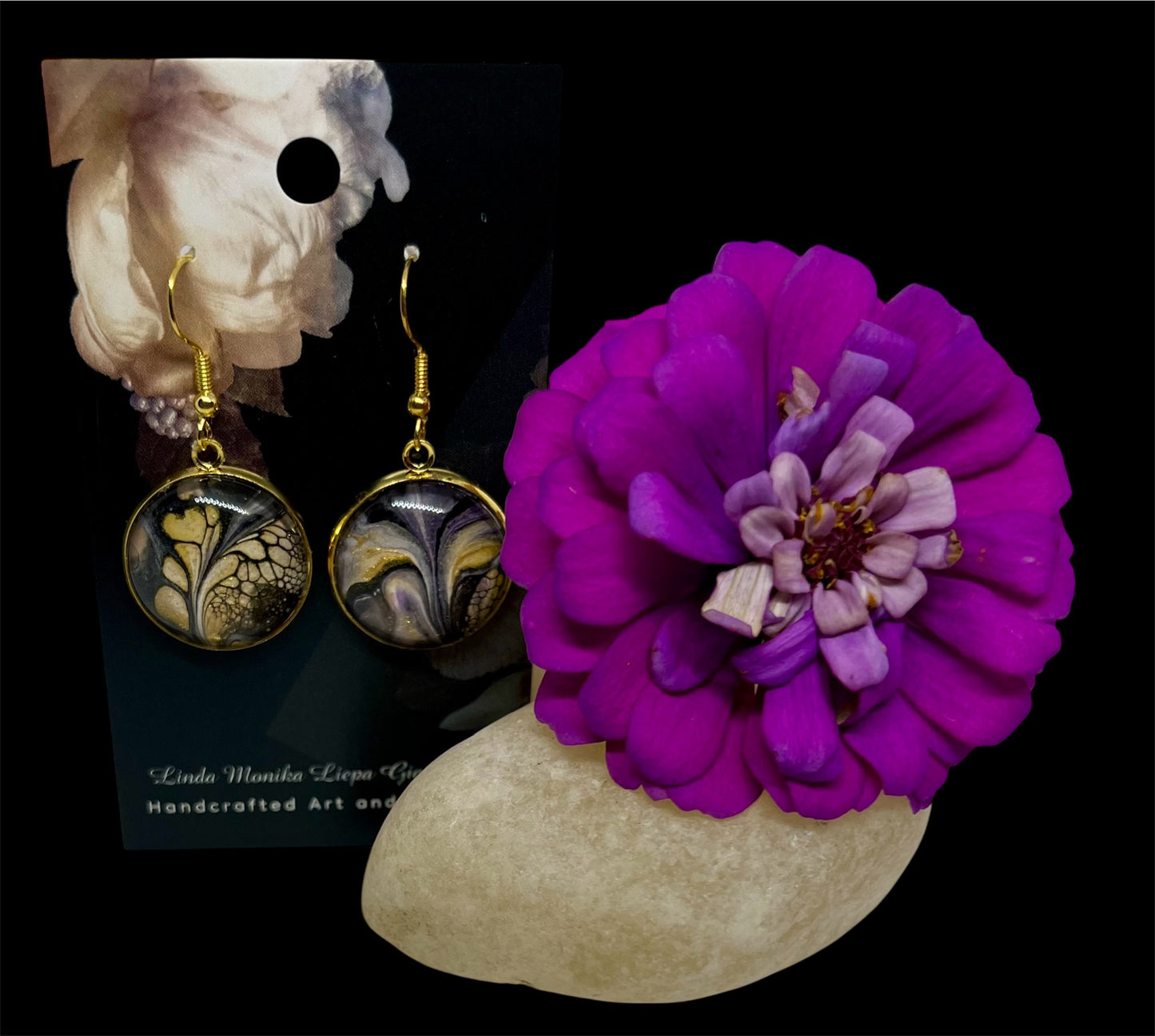 E25-046 Purple Gold Flow Acrylic Pour in gold setting with glass cabochon