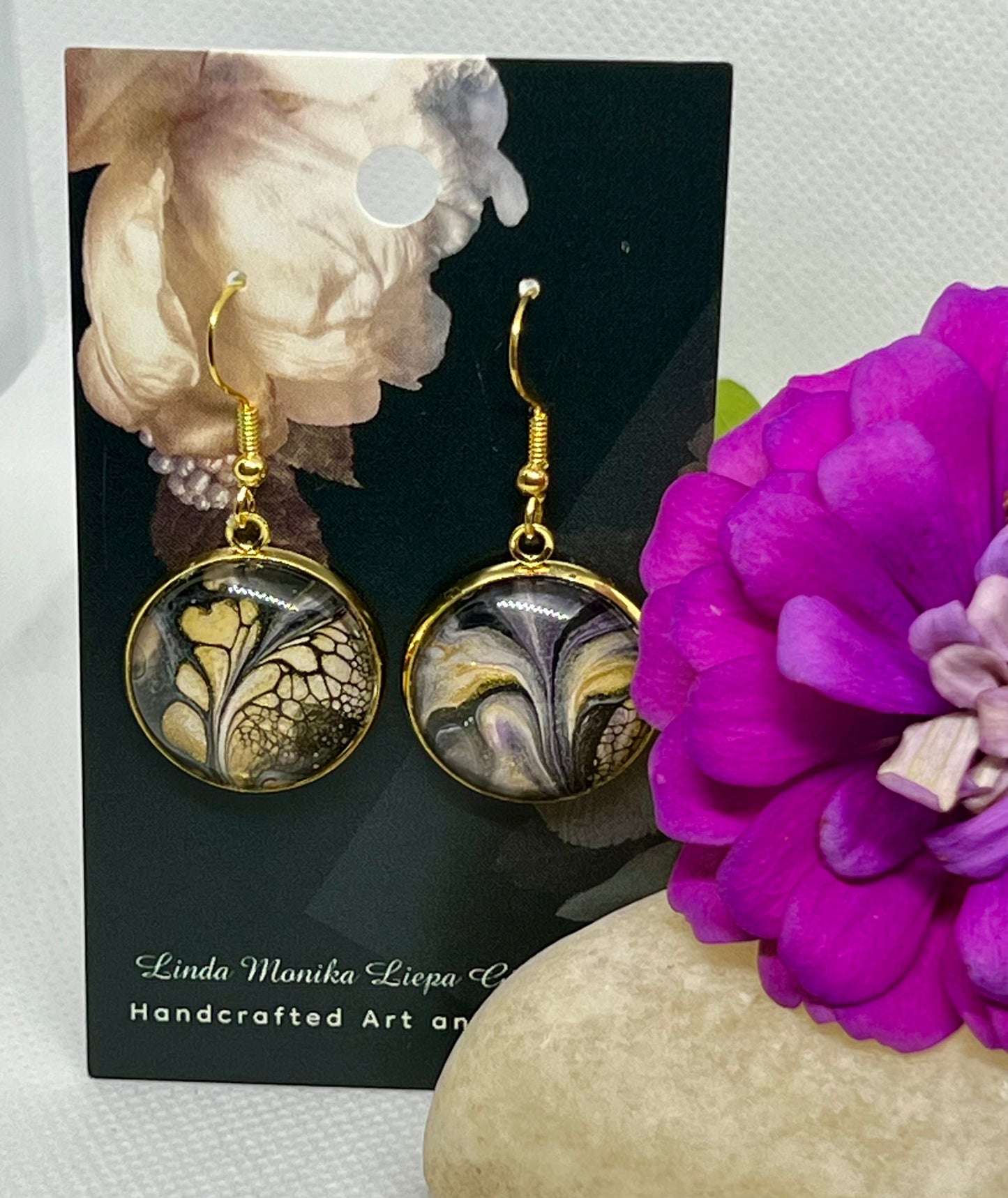 E25-046 Purple Gold Flow Acrylic Pour in gold setting with glass cabochon