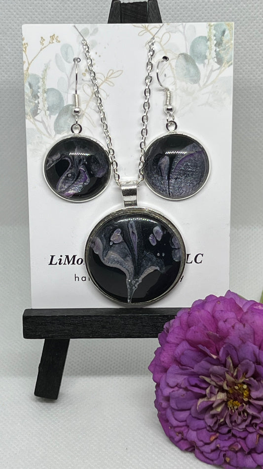E25-048 Purple Flow Set II - Acrylic Pour in silver round setting with glass cabochon
