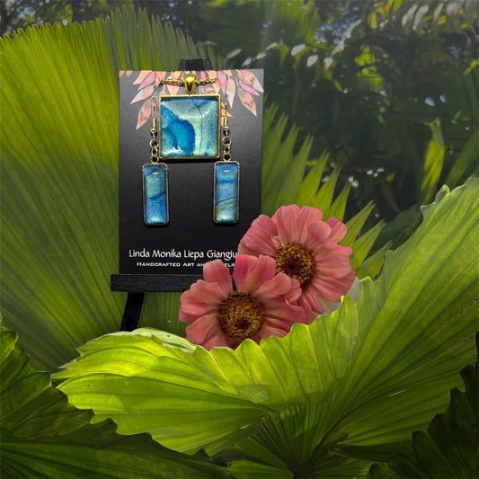 E25-049 Blue and Gold Set I- Alcohol Ink in square and rectangle gold setting with glass cabochon