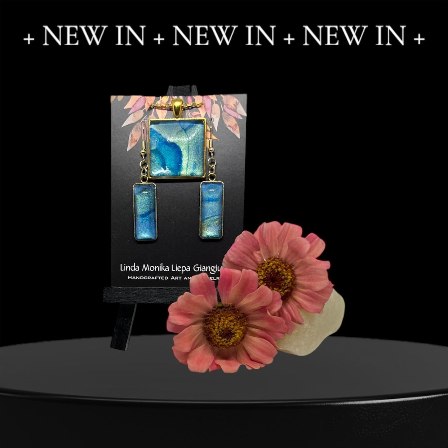 E25-049 Blue and Gold Set I- Alcohol Ink in square and rectangle gold setting with glass cabochon