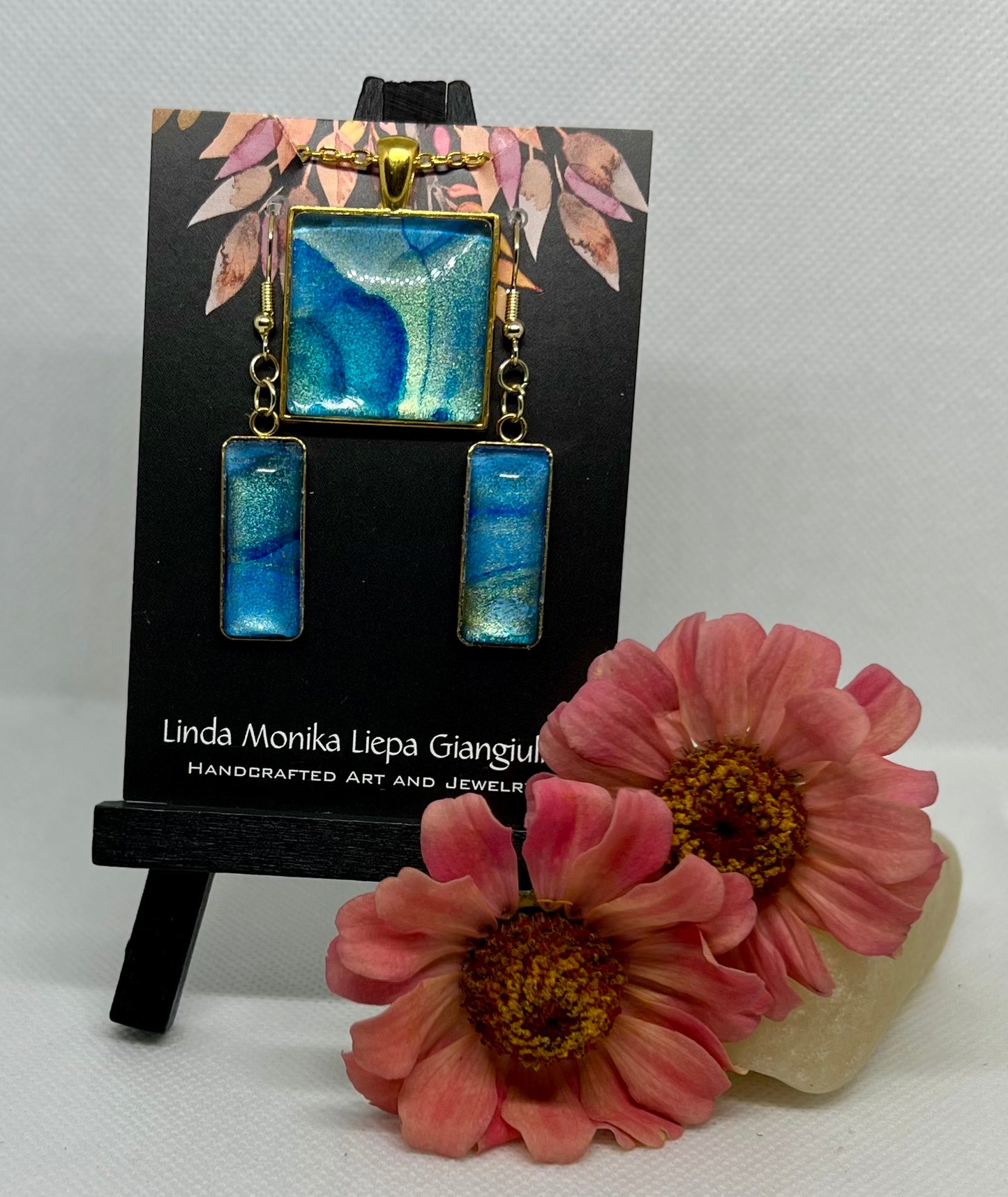 E25-049 Blue and Gold Set I- Alcohol Ink in square and rectangle gold setting with glass cabochon