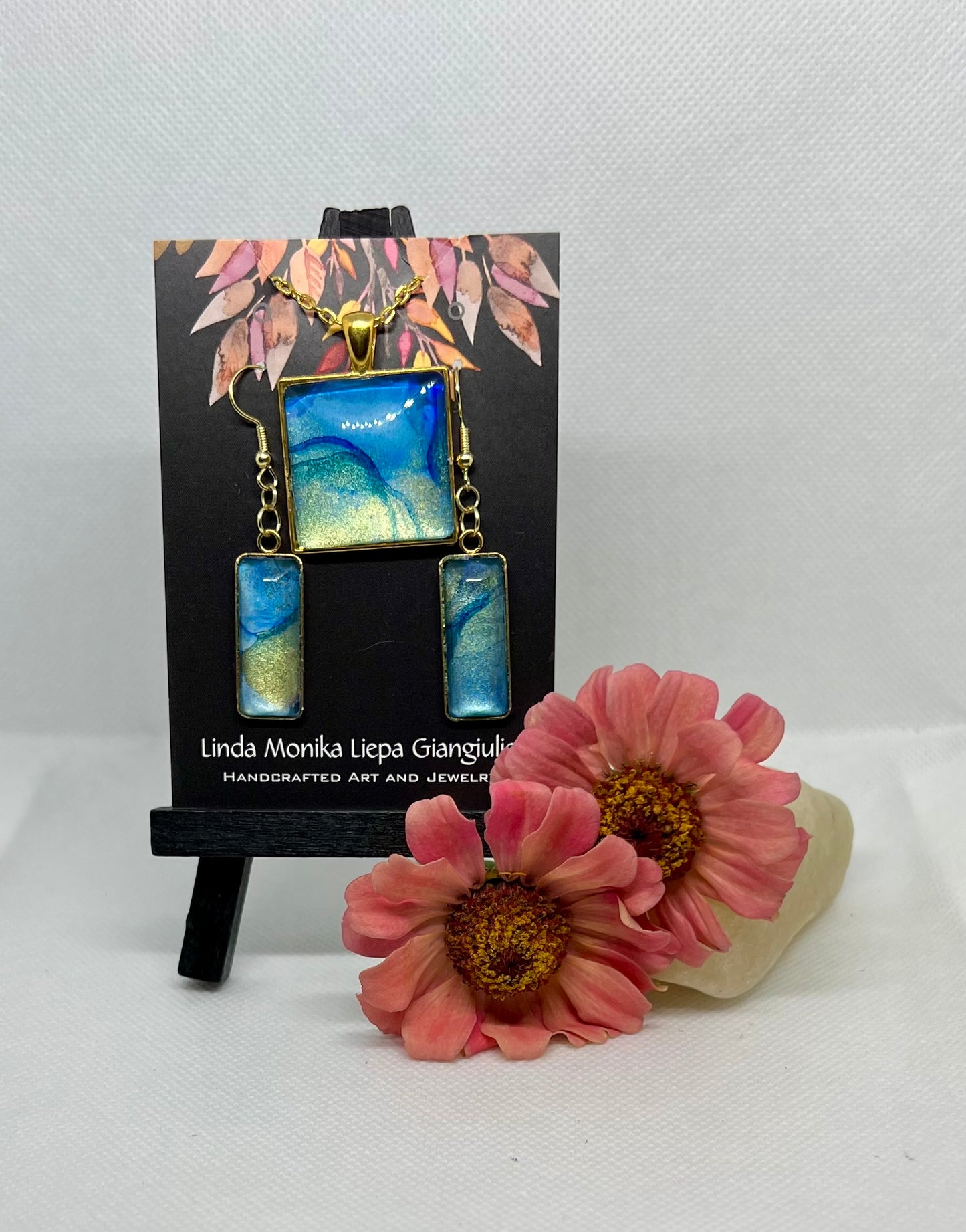 E25-050 Blue and Gold Set II - Alcohol Ink in gold square and rectangle setting with glass cabochon