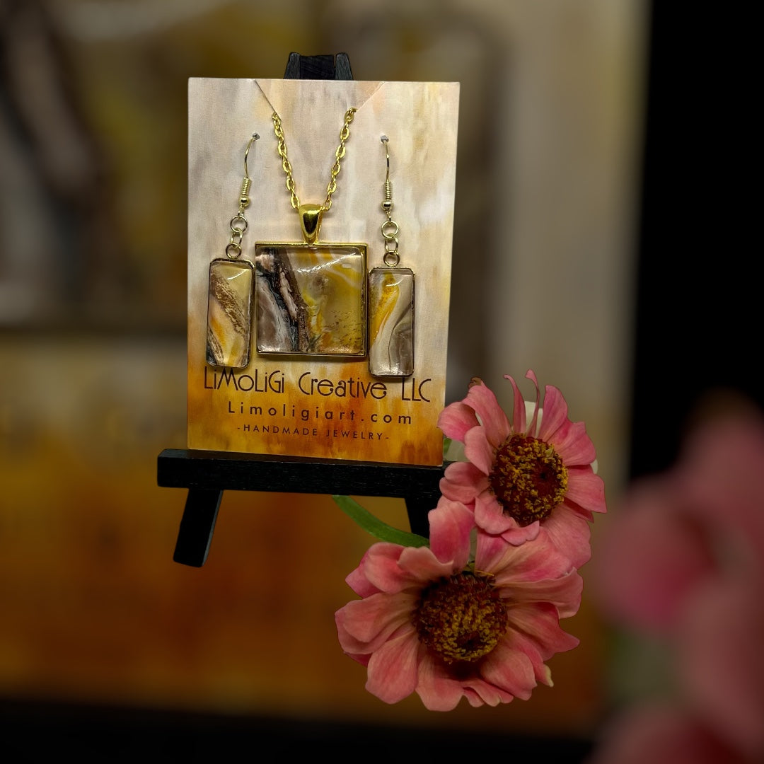 E25-051 Brown Granite Set I - Acrylic Pour in gold square and rectangle settings with glass cabochon