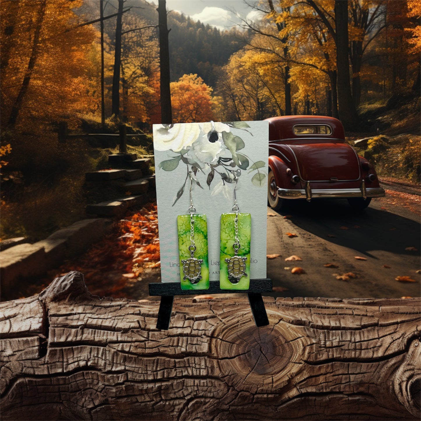 E25-063 Green Pond Rectangle with hole and Turtle Charm