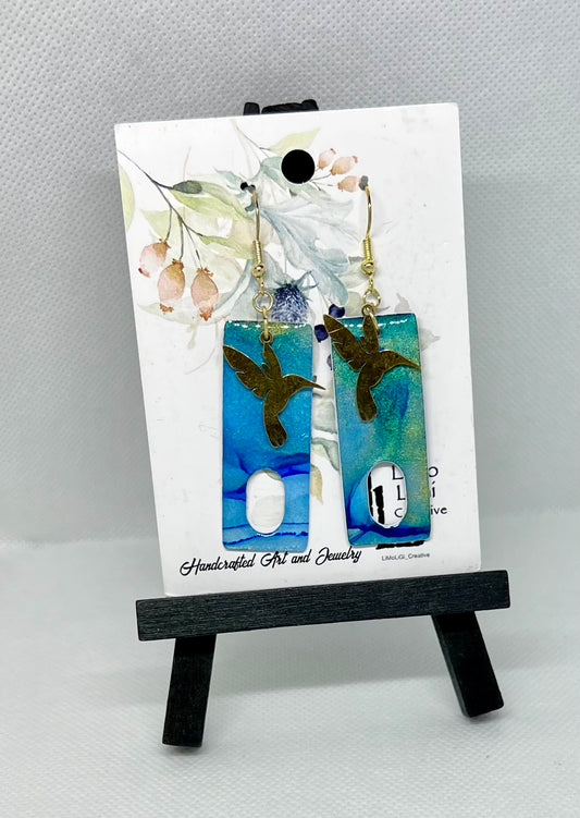 E25-077 Blue Rectangle with Hole with Gold Hummingbird