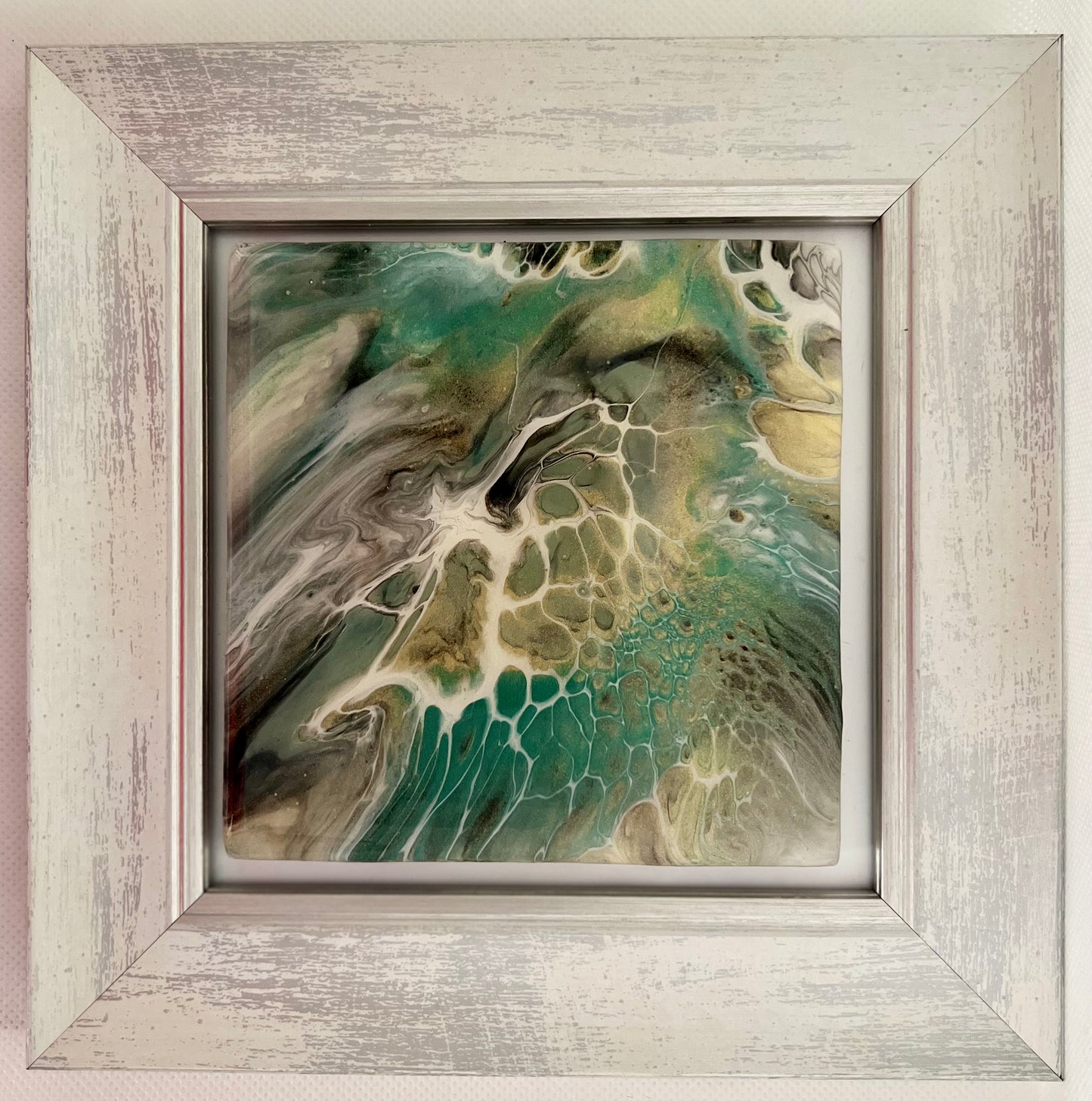 T12 - Teal  snakeskin effect acrylic pour in silver frame