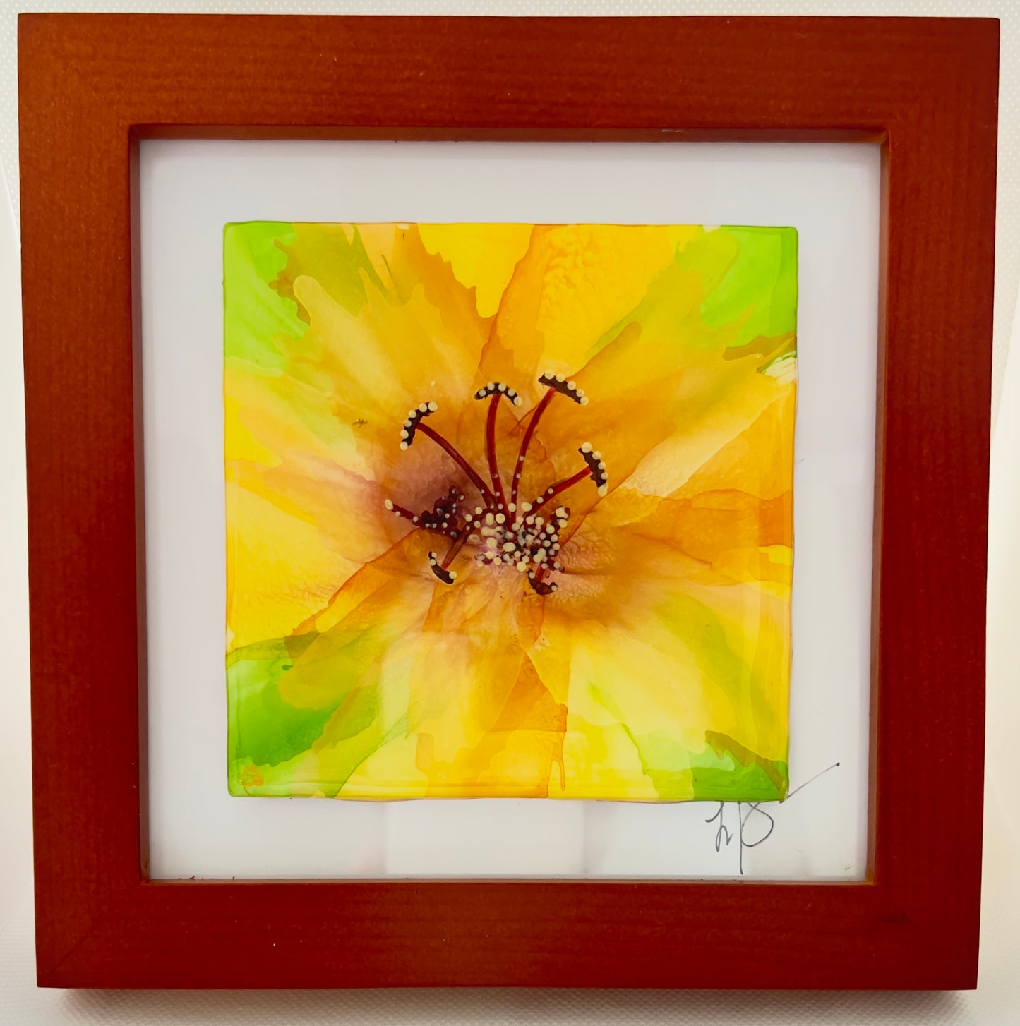 T16- Yellow / Green Bloom in Brown Frame