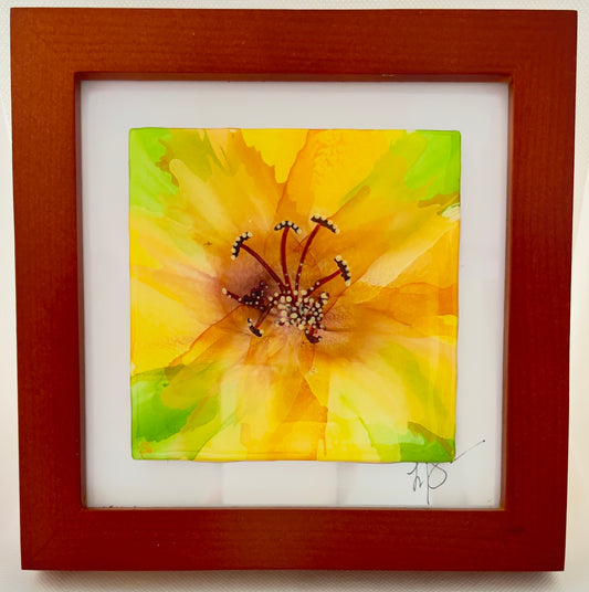 T16- Yellow / Green Bloom in Brown Frame