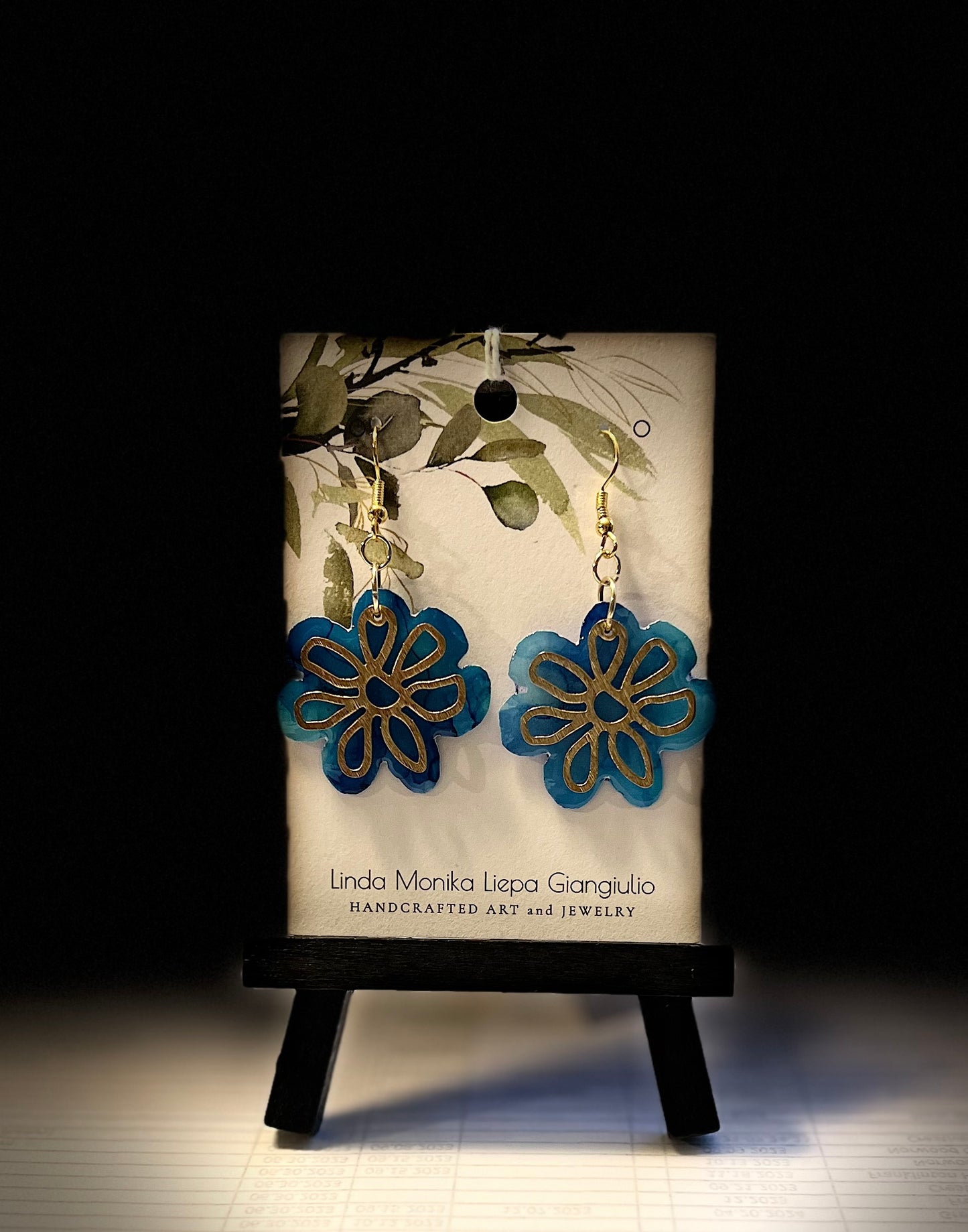 E24-032 Teal Blue Flower with Gold Overlay #2