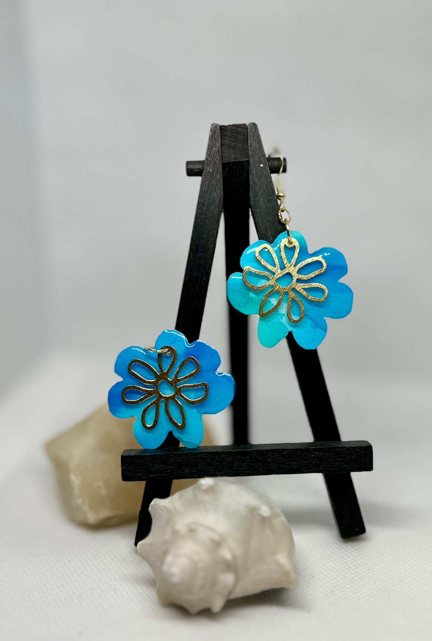 E24-043  Blue and Teal Flower with Gold Overlay