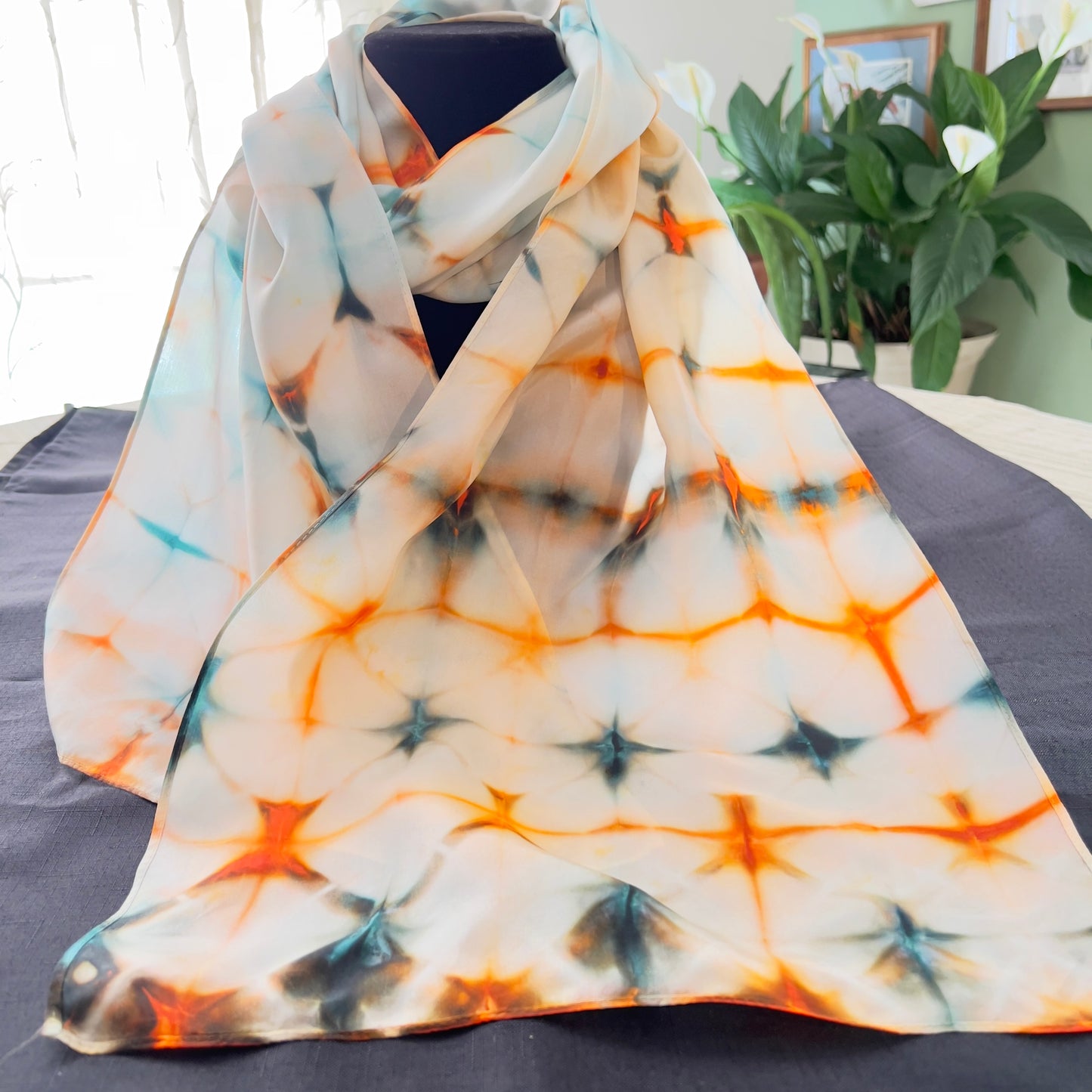 SS - 018  Diamonds in Teal Blue and Pumpkin Shibori Folded