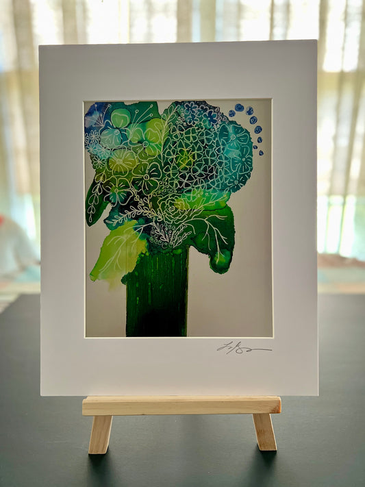 P-006A - Blue Abstract Flowers in Green Vase