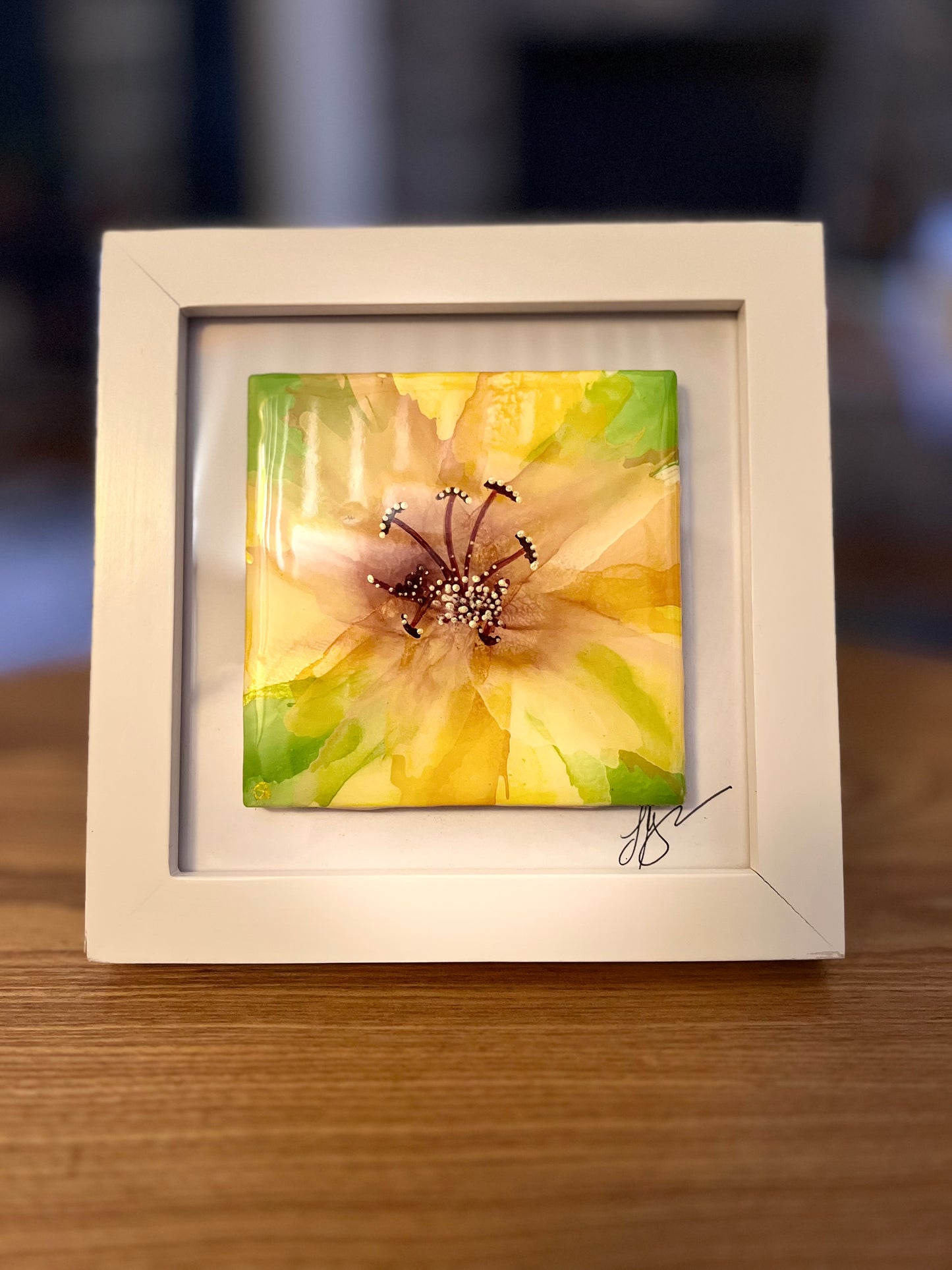 T16- Yellow / Green Bloom in White Frame