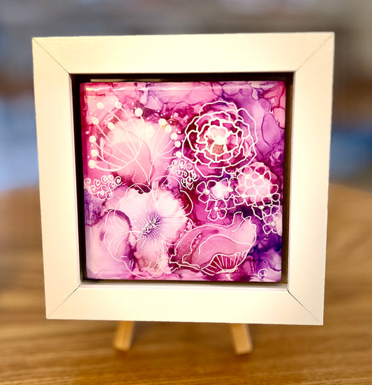 T27 - Purple Floral Alcohol Ink in White Frame